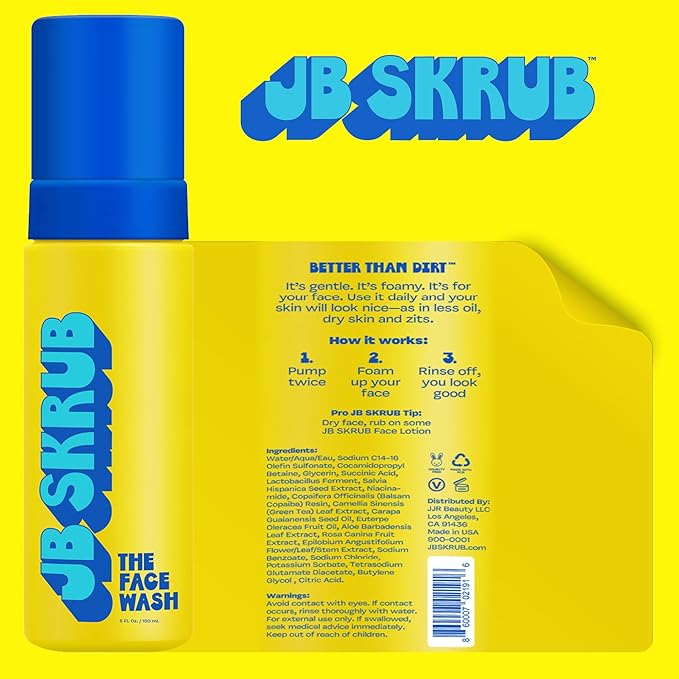 JB SKRUB The Face Duo Set – Gentle Foaming Face Wash (5 fl. oz) & Exfoliating Acne Pads (40 Count) for Kids, Tweens & Teens – Fragrance-Free Cleanser & Alcohol-Free Toner Pads for Clear, Smooth Skin