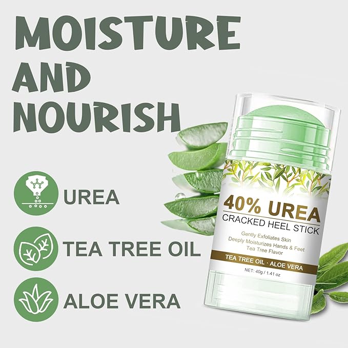 Urea Cream Stick 40% for Feet Maximum Strength, Foot Lotion Stick for Rough Thick Dry & Cracked Skin, with Coconut Oil, Green Tea Extract, Tea Tree and Aloe Vera - 1.41oz