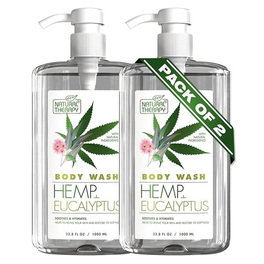 Natural Therapy Body Wash for Women and Men with Hemp & Eucalyptus Oils - Shower Gel Cleanses and Moisturizing Skin - With Dead Sea Minerals Nourish for Body, Pack of 2 (67.6 fl.oz)