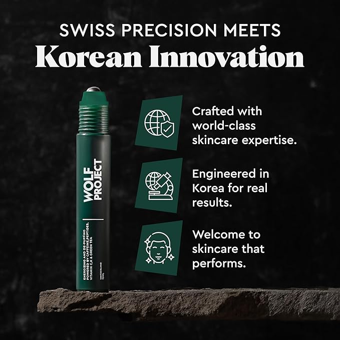 Wolf Project Under Eye Roller - Korean Beauty, with Caffeine, Vitamin C and Peptides - Energizing Serum for Dark Circles and Puffiness, Fine Lines, Wrinkles - Gel-Based Brightening Cream