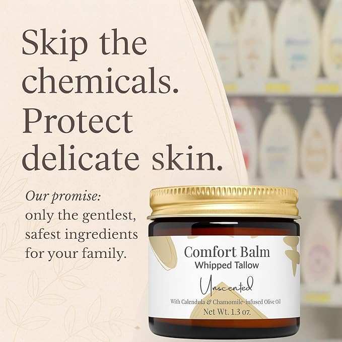 Whipped Tallow Balm – 100% Grass Fed Beef Tallow for Baby, Eczema & Sensitive Skin; Double-Infused with Calendula & Chamomile Herbs (Unscented Herb-Infused)
