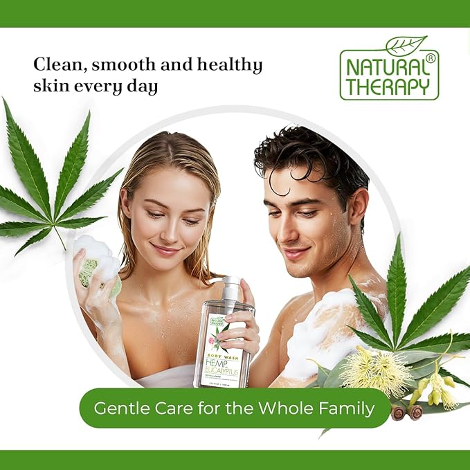 Natural Therapy Body Wash for Women and Men with Hemp & Eucalyptus Oils - Shower Gel Cleanses and Moisturizing Skin - With Dead Sea Minerals Nourish for Body, Pack of 2 (67.6 fl.oz)
