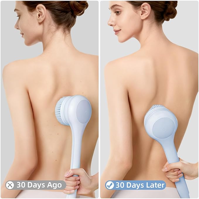 Electric Body Brush Back Scrubber for Shower, Waterproof Long Dual Handle Power Body Scrubber with 3 Heads, Rechargeable Bath Brush & 2 Speeds, for Cleansing, Exfoliating and Massaging Skin