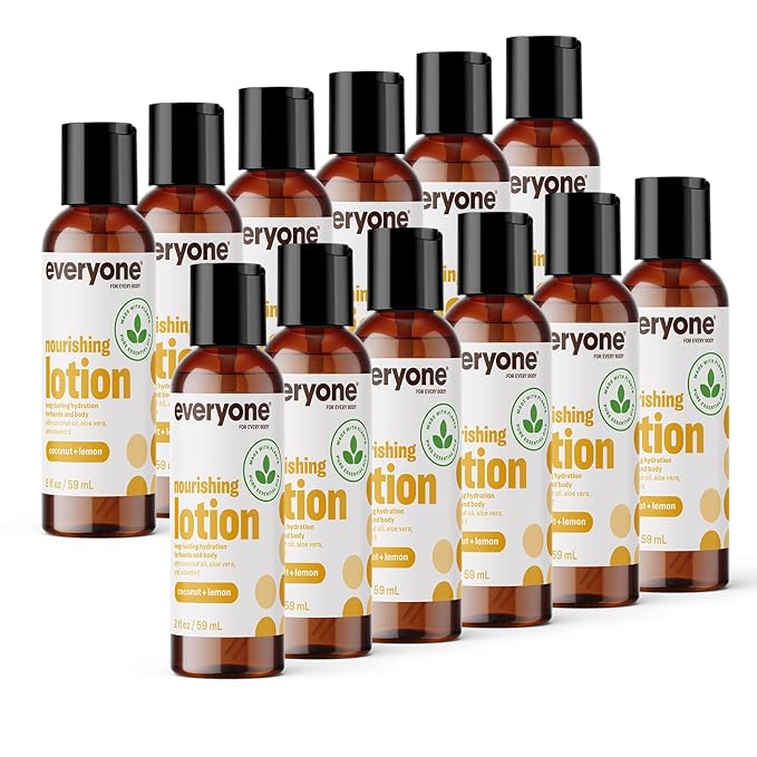 Everyone 2-in-1 Lotion for Hands/Body, Travel Size, 2 ounce (Pack of 12) Coconut and Lemon made with Essential Oils for Men and Women