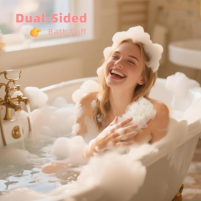 3-Pack Bath Scrubber Kit: 2 Silicone Exfoliating Pats & Double-Sided Long Handle Back Scrubber Bath Puff for Deep Cleansing. (Pink & Black & Pink)