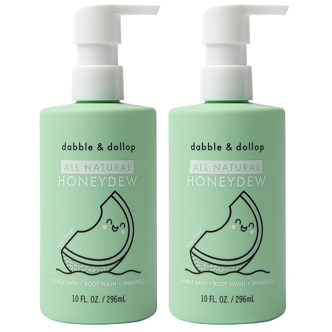 Dabble & Dollop Honeydew Melon Body Wash & Shampoo – 3-in-1 Natural Bubble Bath for Kids, No Parabens or Sulfates, Vegan, Gluten-Free, Tear-Free (10oz, Pack of 2)