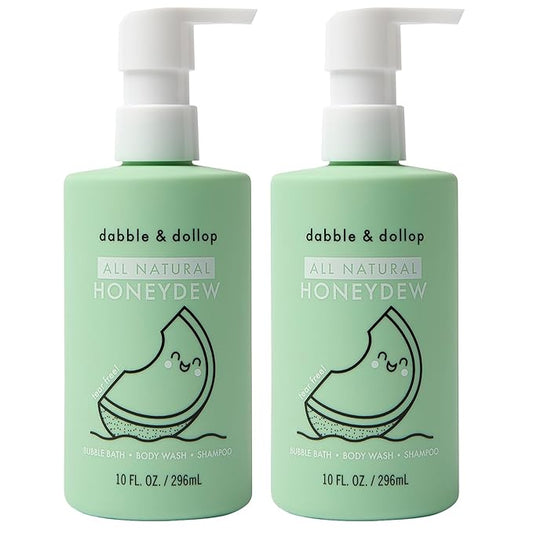 Dabble & Dollop Honeydew Melon Body Wash & Shampoo – 3-in-1 Natural Bubble Bath for Kids, No Parabens or Sulfates, Vegan, Gluten-Free, Tear-Free (10oz, Pack of 2)
