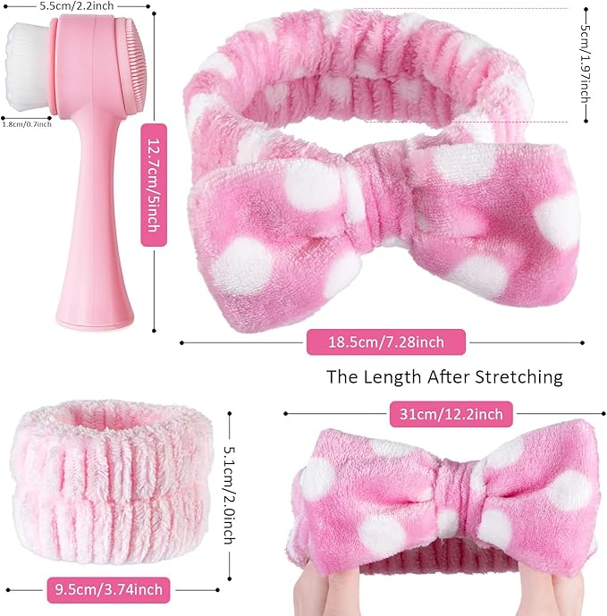 Facial Cleansing Brush 2 in 1, Silicone Face Scrubber Dual Face Brush for Deep Pore Cleansing and Exfoliating, Skincare Headband and Wristbands Set for Washing Face, Massaging Spa Makeup, Pink
