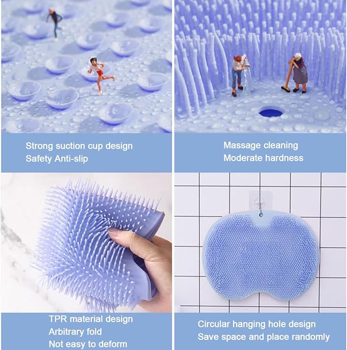 1 Pcs Shower Back & Foot Scrubber,Wall Mounted Back Scrubber Silicone Bath Massage Cushion Brush with Suction Cups,Bathroom Wash Foot Mat Exfoliating Dead Skin Foot Brush (L-Blue)