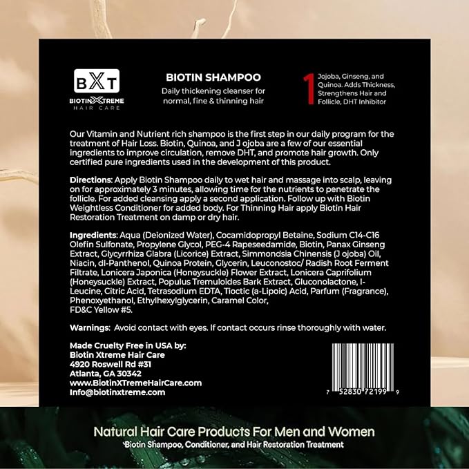 Biotin X Treme Hair Natural Shampoo for Hair Loss & Thinning Hair - Color-Safe, DHT Blocker, Sulfate-Free, Paraben-Free - For Men & Women - Promotes Hair Growth, Strengthens, and Thickens - 8 oz