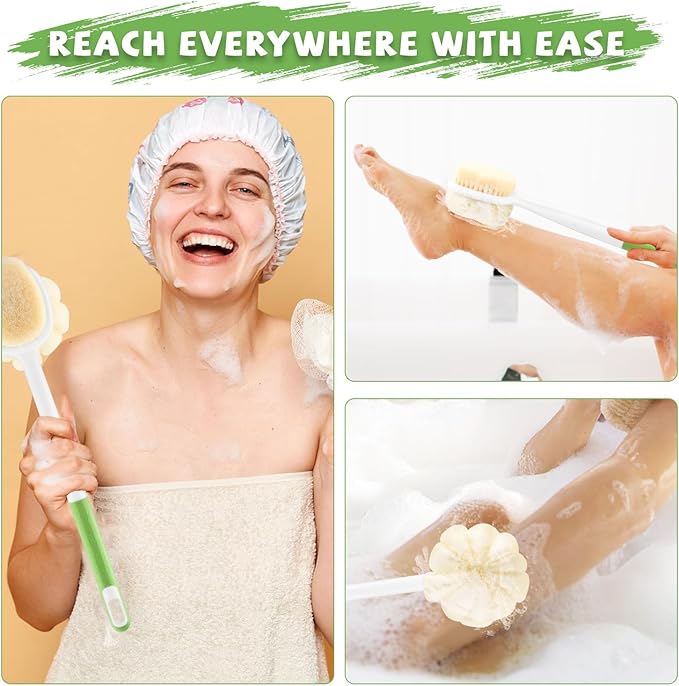 2 Pcs Long Handled Shower Brush Double Sided Bath Brush Massage Body Cleaning Mesh Sponge with Soft Bristles and Loofah for Skin Exfoliating Women Men - Green