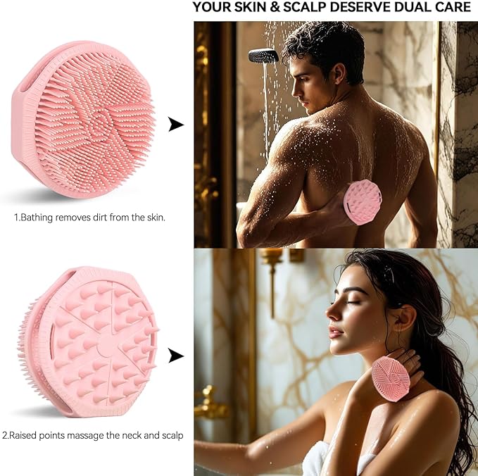 OTHIX Dual-Sided Silicone Body Scrubber -Silicone Loofah 2 in 1 Body Scrubber Exfoliator ＆ Scalp Massager for Shower, All Skin Type, Lather Well, Easy to Clean, 1pc (Pink)