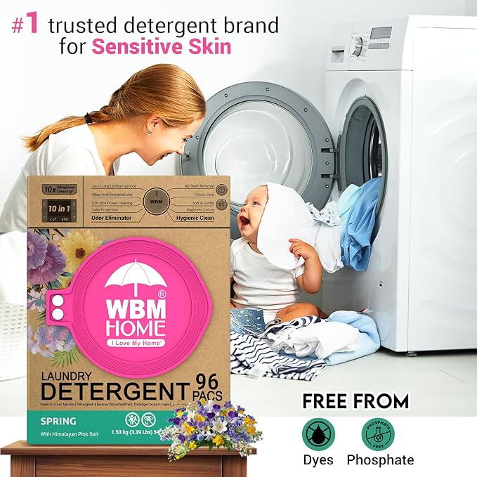 WBM Home Laundry Detergent Pods, Spring Fragrance Scent, 96 Count - HE Concentrated Laundry Pods With 10x Ultrapower Cleaning and 4D Laundry Stain Remover