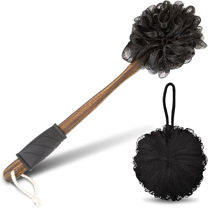Vive 17” Shower Loofah with Long Handle - Exfoliating Back & Body Scrubber for Men & Women - Luffa Sponge on a Stick for Bathing, Cleaning - Includes Extra Handheld Lufa, Hook & String to Hang on Wall