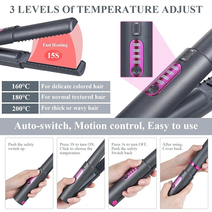 Cordless Hair Straightener and Curler 2 in 1, Portable Mini Ceramic Flat Iron, 5000mAh Battery, USB-C Rechargeable, Quick Heat Up, Travel-Friendly Hair Styling Tool, Gray
