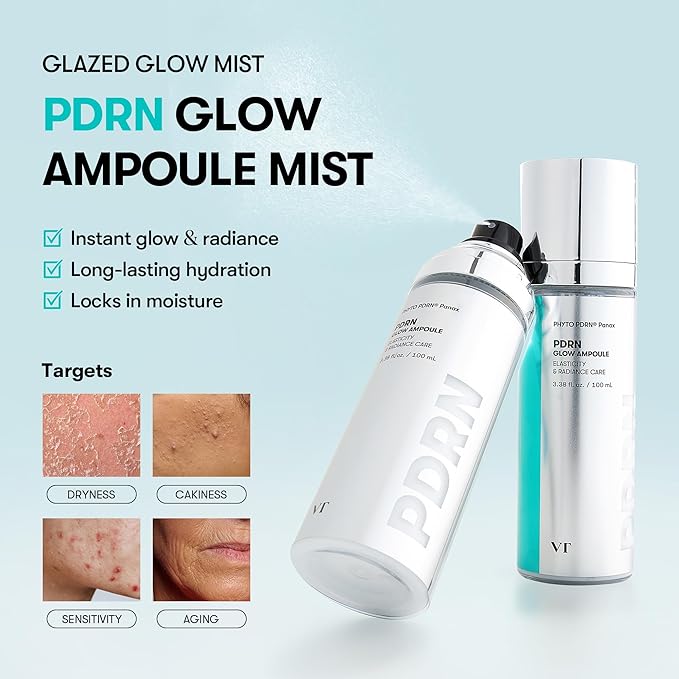 VT COSMETICS PDRN Glow Ampoule, PDRN Facial Mist, Deep Hydration Spray Serum, Vegan Skin Care, Light-weight Face Moisturizer, Plumping Effect, Fragrance-Free, Korean SkinCare (3.38 fl oz / 100 ml)