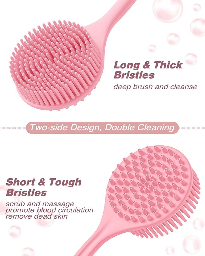 Manmihealth Silicone Back Scrubber (Thick Bristles) & Bath Glove & Face Brush Set(3PCS), Super-Exfoliating & Lathering Body Scrubber, Shower Brush, Face Scrubber Combination, with a Free Hook.(Pink)