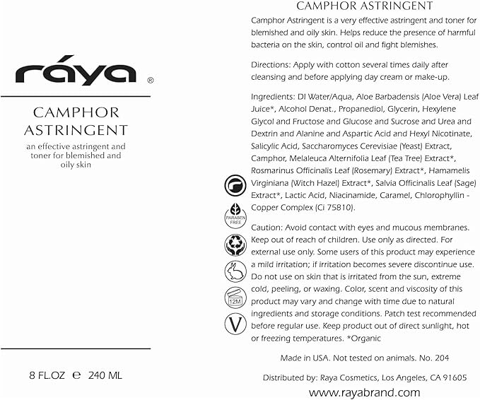 RAYA Camphor Astringent 16 oz (204) | Effective Facial Toner for Oily and Break-Out Skin | Helps Dry Up Blemishes and Control Excessive Oiliness | Made with Camphor and Eucalyptus