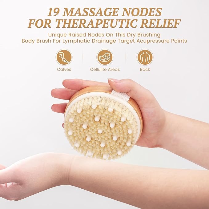 2-Pack Dry Body Brush - Dry Brushing Body Brush for Lymphatic Drainage & Exfoliating, Round Body Brush with Massage Nodes & Natural Bristles for Skin Care