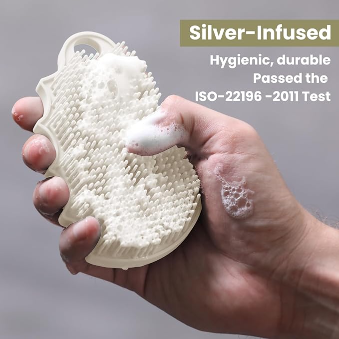 Silicone Body Scrubber Silver-Infused Dual-Sided 3-in-1 for Shower, Body Cleaning+Massage+Exfoliator Body Brush Buffer for Men and Women, Silicone Loofah, Non-Slip Handle (Stone)