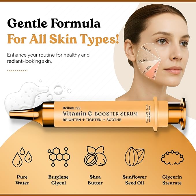 BellaBLISS 24K Gold Vitamin C Eye Serum – Lightweight Under Eye Treatment for Puffiness, Fine Lines & Soothing – Hydrating Formula with Glycerin – Made in Korea – 0.33 fl oz / 10 ml – Pack of 1