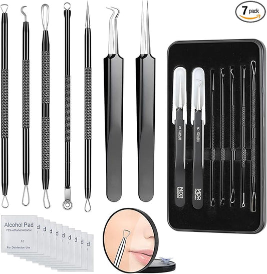 7PCS Blackhead Remover Comedone Extrator Kit, Pimple Extractor Acne Removal Tool Kit, Curved Blackhead Tweezers Kit, Comes with Alcohol Tablets and Magnifying Glasses for Blemish Removal (Iron Box)