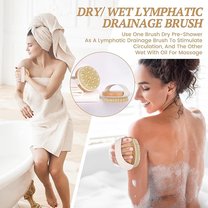 2-Pack Dry Body Brush - Dry Brushing Body Brush for Lymphatic Drainage & Exfoliating, Round Body Brush with Massage Nodes & Natural Bristles for Skin Care
