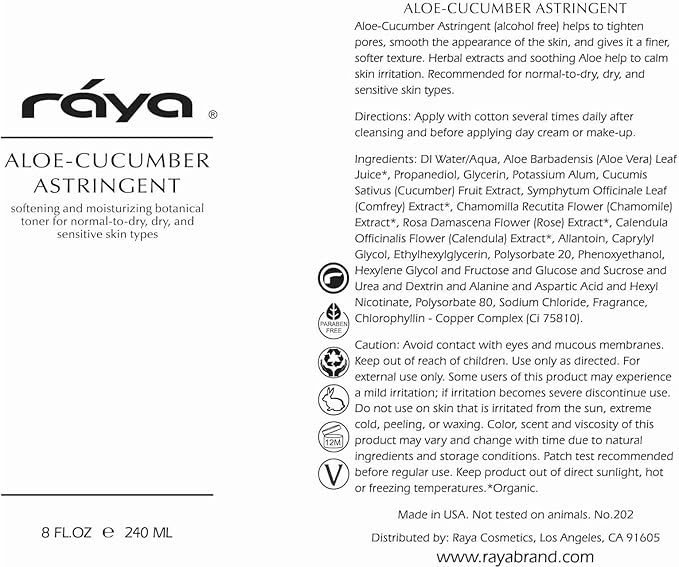 RAYA Aloe Cucumber Astringent 16 oz (202) | Gentle Pore Tightening and Smoothing Facial Toner for Dry and Sensitive Skin | Helps Refine, Cool, and Sooth | Smooths Complexion When Used Before Make-Up