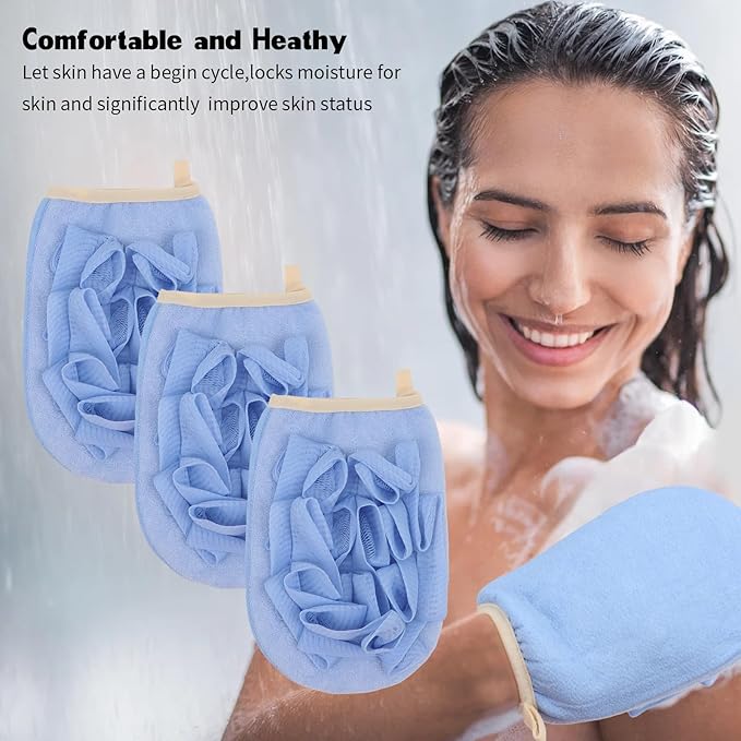 3 Pack Bath Loofah Body Sponge Brushes Loofah Exfoliating Glove Bath Shower Glove with Flower Bath Ball Bath Shower Loofah Sponge for Women and Men (Blue)