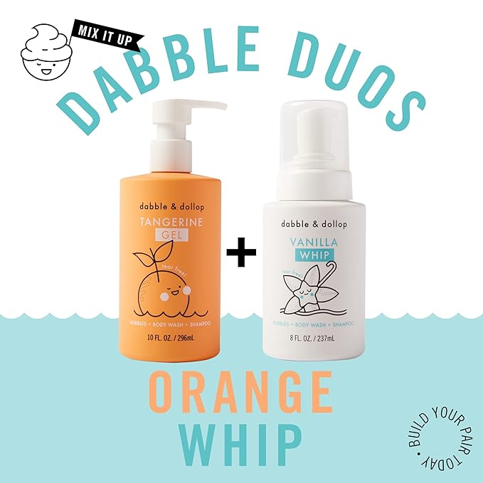 Dabble & Dollop Tangerine + Vanilla Body Wash & Shampoo – 3-in-1 Natural Bubble Bath for Kids, No Parabens or Sulfates, Vegan, Gluten-Free, Tear-Free (2-Pack)