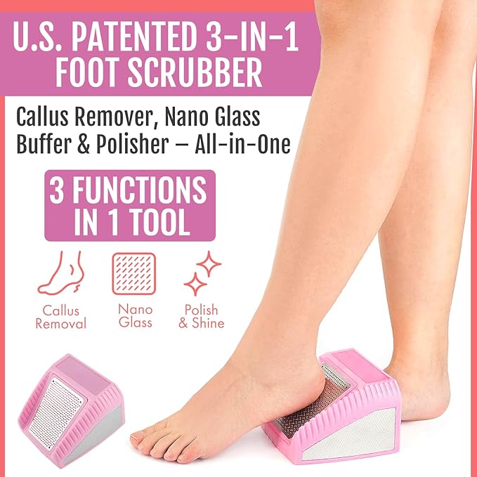 Wonex U.S. Patented 3-in-1 Foot Scrubber – No-Bend Callus Remover, Nano Glass Buffer & Polisher for Smooth Feet – Ideal for Senior Aids, Pregnancy Must-Haves, Back & Knee Surgery Recovery Gift (Pink)