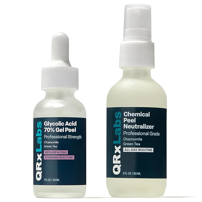 QRxLabs 70% Glycolic Acid Gel Peel & Neutralizer Set - Professional-grade skincare for acne, wrinkles, collagen boost - 1 fl oz & 2 fl oz bottles