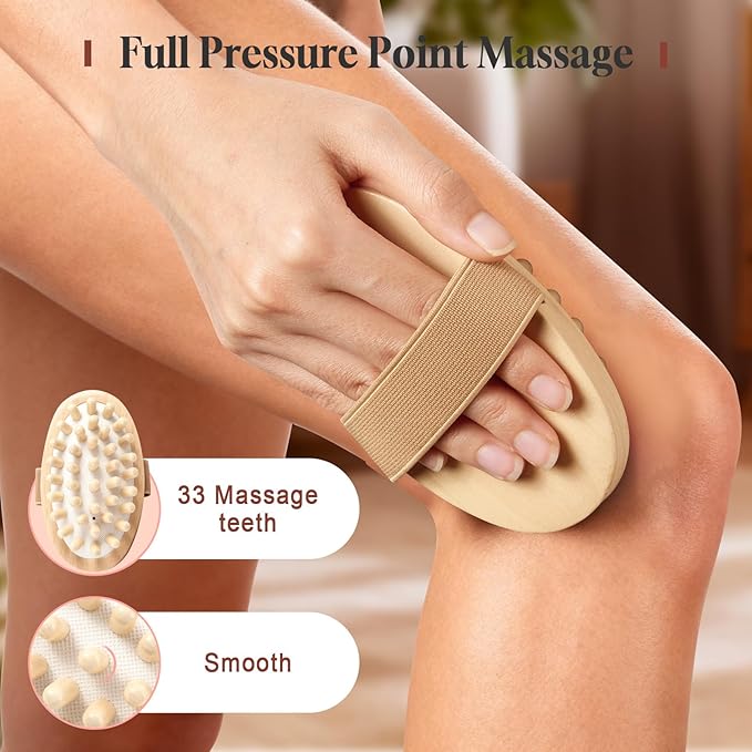 2 PCS Meridian Massage Brushes, Wood Therapy Massage Tools with Essential Oil, Handheld Meridian Brush for Belly Fat, Full Body Relaxation Cellulite Pressure Brushes for Legs, Arms, Back (Beige)
