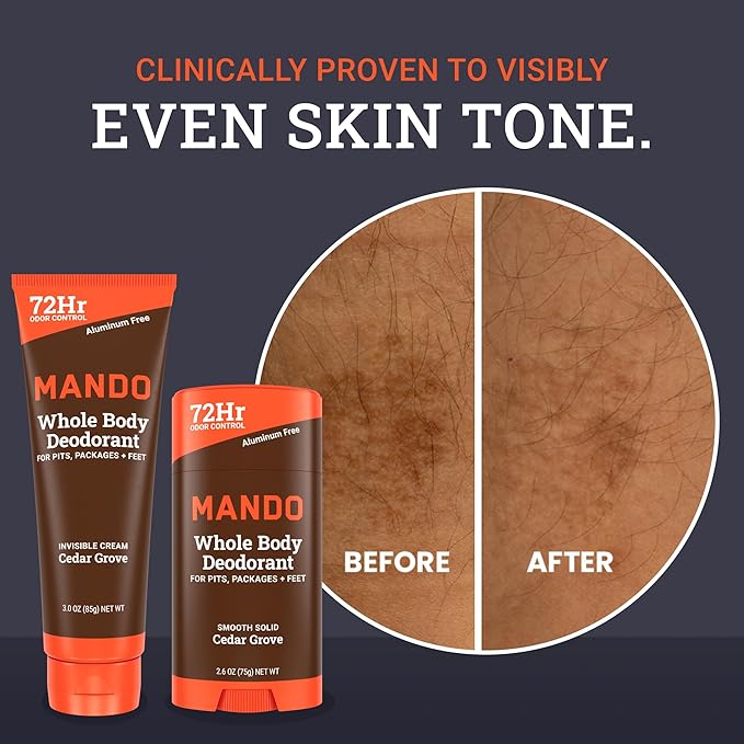 Mando Whole Body Deodorant - Invisible Cream Tube and Solid Stick - 72 Hour Odor Control - Aluminum Free, Baking Soda Free, Skin Safe - 3.0 Ounce Tube and 2.6 Ounce Solid Stick Bundle - Cedar Grove