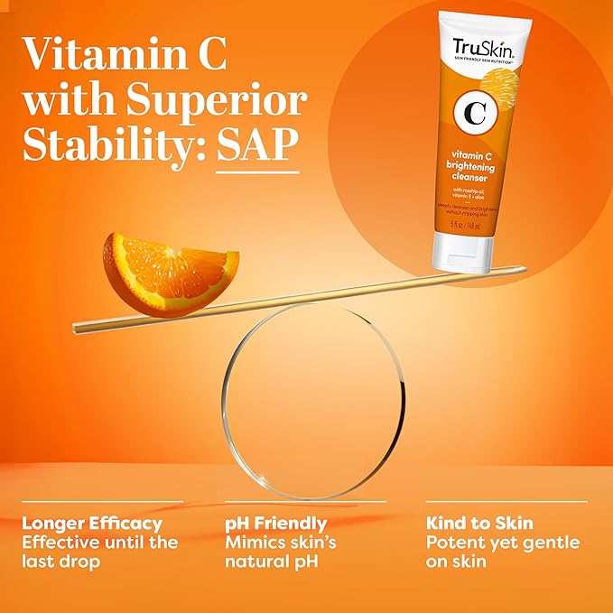 TruSkin Vitamin C Cleanser for Face - Brightening Face Wash with Vitamins C & E, Rosehip Oil, Aloe Vera and MSM - Deep Clean and Refresh for Radiant, Healthy-Looking Skin, 4 fl oz