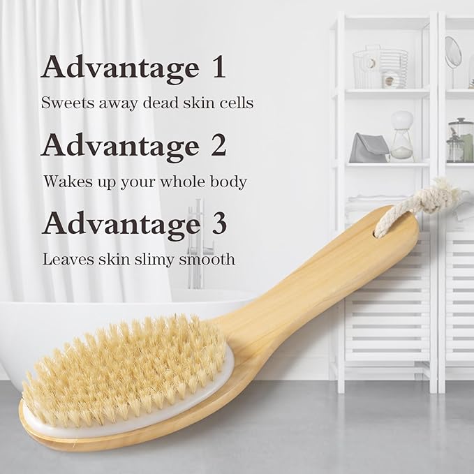 Bamboo Curved Long Handle Dry Brushes, Dry Body Brush for Dry Skin, Blood Circulation, Cellulite Treatment，Wet and Dry Brush Suitable for All Kinds of Skin with Soft and Stiff Bristles