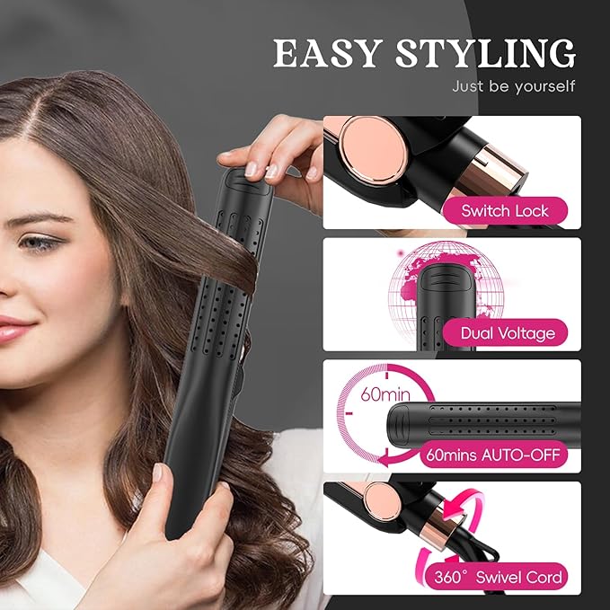 SKIMI Airflow Styler, Titanium Flat Iron Hair Straightener, Professional Curling Iron with Cooling Air Vents to Lock in Style, 5 Temps & Dual Voltage, Auto Off (Black & Rose Blush).