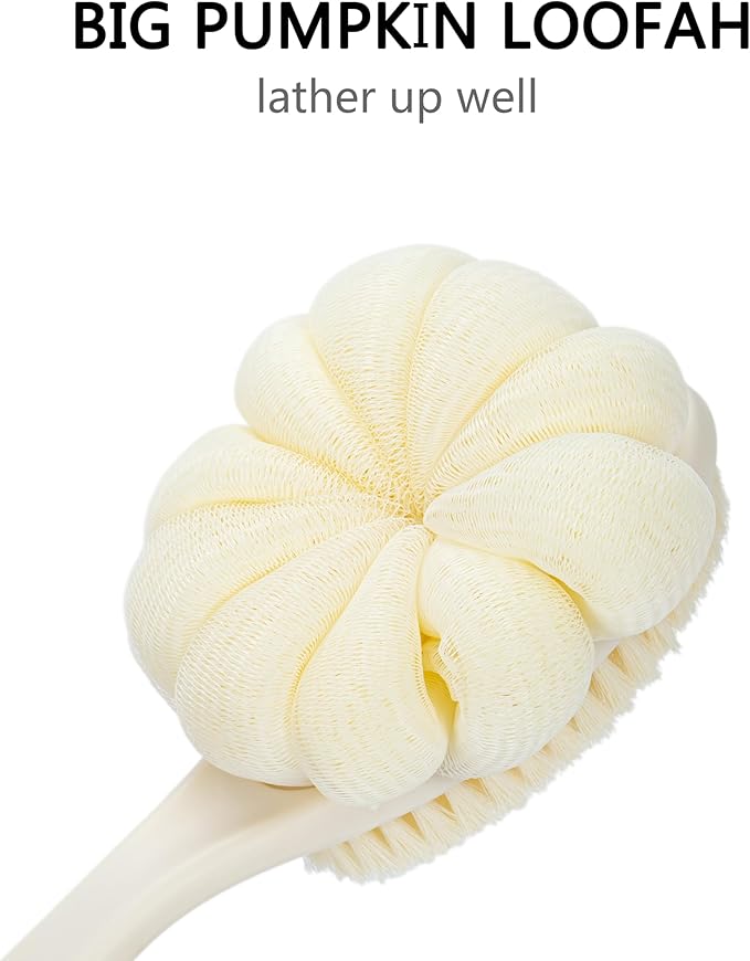 Shower Body Brush with Bristles and Large Pumpkin Loofah,Back Scrubber Bath Mesh Sponge with Anti-Slip Curved Long Handle for Skin Exfoliating,Massage Bristles for Wet or Dry,Men Women (White)