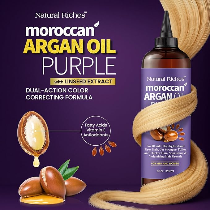 Natural Riches Purple Moroccan Argan Oil Hair Treatment with Linseed Extract, Anti-Brass Formula for Blonde, Silver, Platinum & Grey Hair Neutralize Yellow Tone, Smooths Frizz & Restore Shine 8 fl oz