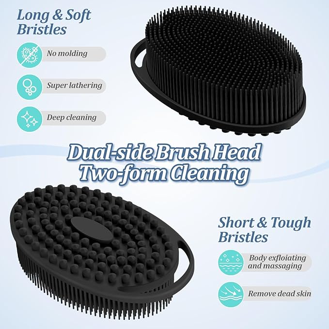 Silicone Back Body Face Scrubbers Set 4PCS, 15.35’’ Back Scrubber Soft Body Scrubber for Dual-Side Usage, Easy-to-Hold Soft Bath Glove & Face Scrubber for Good Foaming Deep Cleaning(Black)