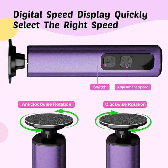 Electric Foot Callus Remover & Nail File - Electric Callus Remover for Feet, 9 Adjustable Speeds, 1800mAh Rechargeable, Portable Aluminum Body w/Type-C Charging for Home & Travel (Purple)