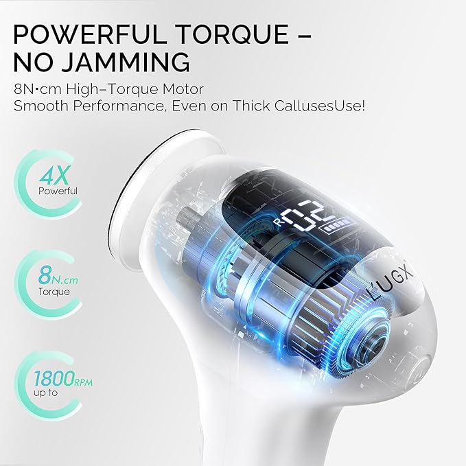 L'UGX Electric Foot Callus Removers –Powerful 8N·cm Torque Professional Pedicure Foot File, 3-Speed Settings, LCD Display, 60pcs Sandpaper Discs, Type-C Rechargeable, Ergonomic Handle-White
