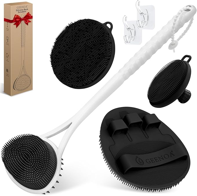 Silicone Back & Body & Face Scrubbers Set 4PCS, 15.35’’ Soft Back Scrubber for Dual-Side Usage, Easy-to-Hold Bath Glove Body Scrubber Face Scrubber for Good Foaming & Deep Cleaning(Black)