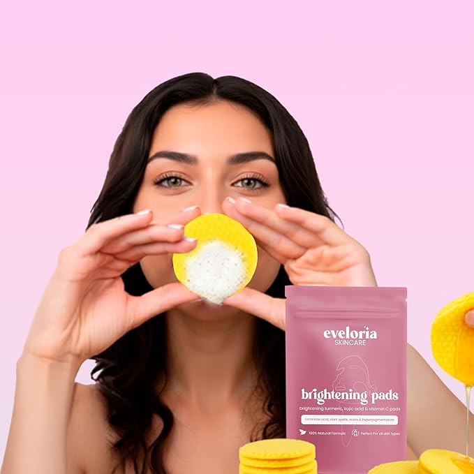 Eveloria™ Brightening Turmeric & Kojic Acid 30 Face Pads – Gentle Exfoliating & Cleansing Pads for Dark Spots, Uneven Tone & Dull Skin – Natural Glow with Turmeric, Kojic Acid & Vitamin C