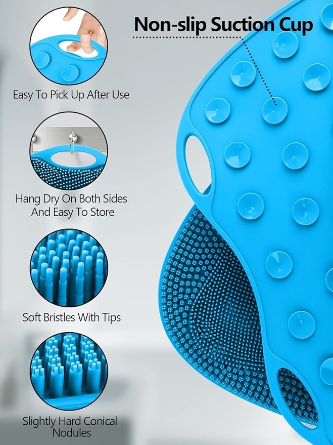 Kalolary Silicone Shower Foot Scrubber Mat, Large Foot Scrubber in Shower with Non Slip Suction Cups Foot Cleaner Brush to Clean Exfoliate and Massage Feet Without Bending Over Easy to Clean (Blue)