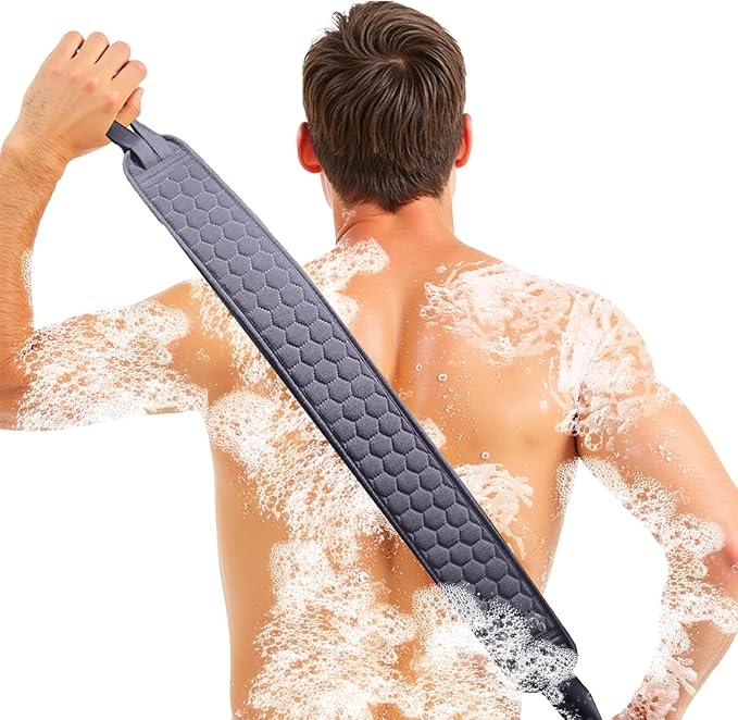 Back Scrubber for Shower with Handles, 40 Inch Extra Long Double-Sided Exfoliating Bath Strap, Textured Body Washer with Extended Reach for Deep Cleaning (Grey)