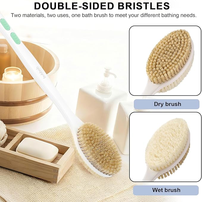 Back Scrubber for Shower with Long Handle, Exfoliating Bath Brush for Body - Double Sided Bristles (Stiff & Soft), Anti-Slip Grip, Lightweight - Gift for Seniors, Includes Lanyard & Hook,Green