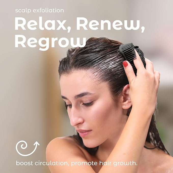 MainBasics Silicone Body Scrubber – Dual-Sided Shower & Scalp Scrubber, Gentle Silicone Loofah Alternative for Deep Clean (Black, Scalp)