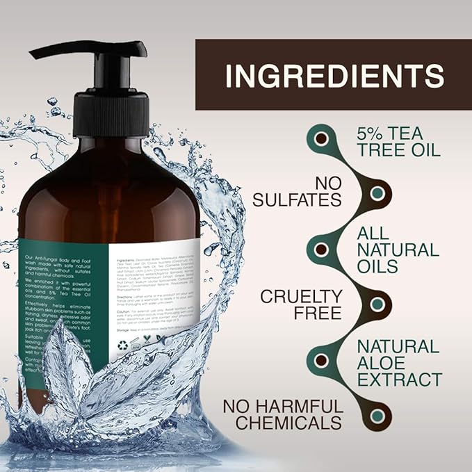 Tea Tree Oil Body Wash - Helps Athletes Foot, Ringworm, Jock Itchy, Acne, Eczema, Yeast Infection, Body Odor, Itchy Skin - With Moisturizing Aloe - Sulfate Free - 16oz