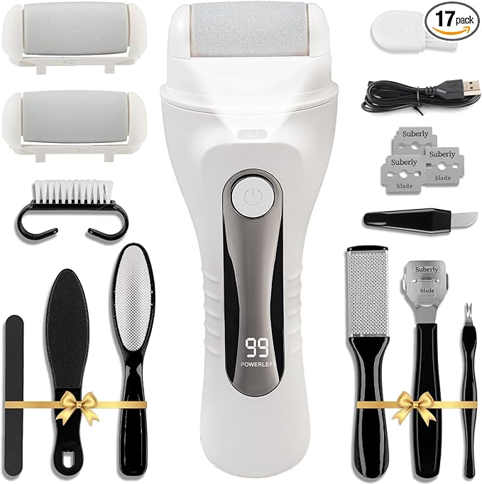 Electric Foot Scrubber File Callus Remover, 17-in-1 Professional Pedicure Kit, Waterproof Cracked Dry Dead Skin Removal for Feet Care, Wider 3 Rollers, 3 Speed, Battery Display